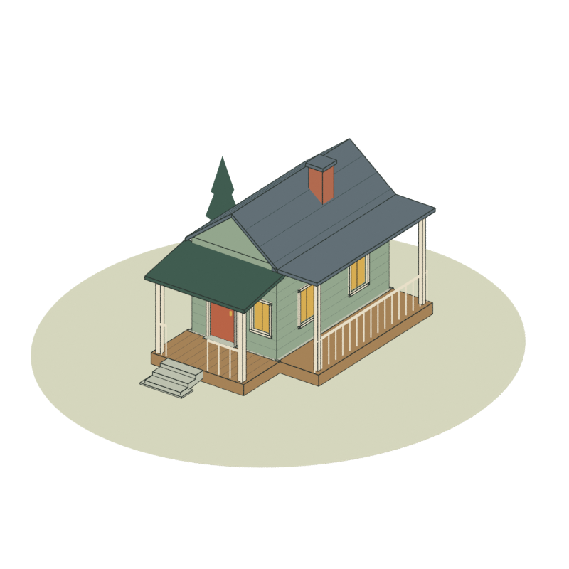 An illustrated sage-green home, with a covered porch and warm windows