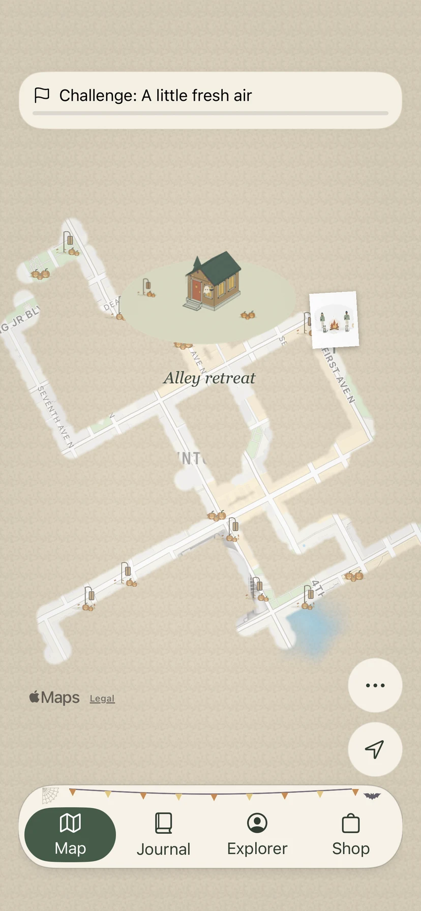 The Exploras map in downtown Nashville: narrow explored streets branch from Broadway, with a saved photo and a nearby blue wisp