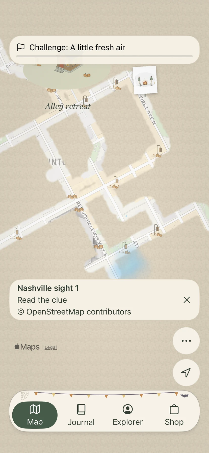 A blue haze on the Exploras map marks an unknown Nashville sight
