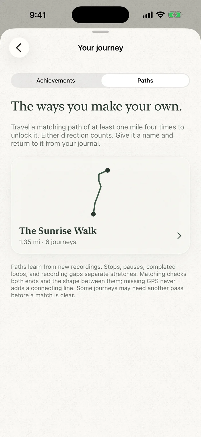 The field journal showing an unlocked path called The Sunrise Walk